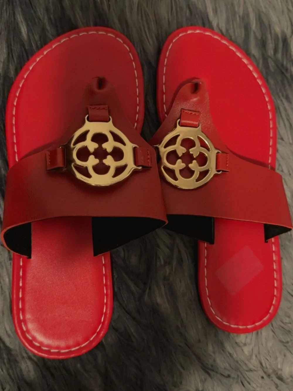 Red Women's Slip-On Sandals with Gold Accent